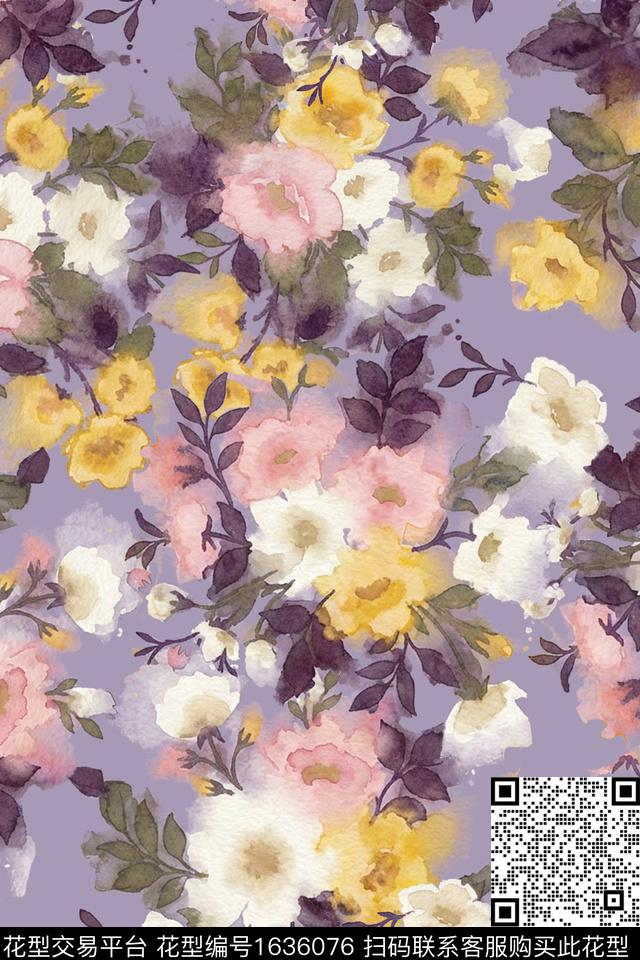 花卉水彩花卉跳接数码印花花型下载（图片编号: 1636076） - 瓦栏（Walan）