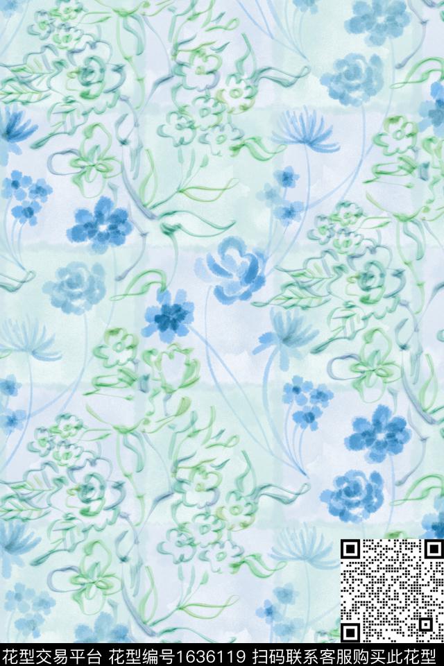 小清新清爽底花卉花卉数码印花花型下载（图片编号: 1636119） - 瓦栏（Walan）