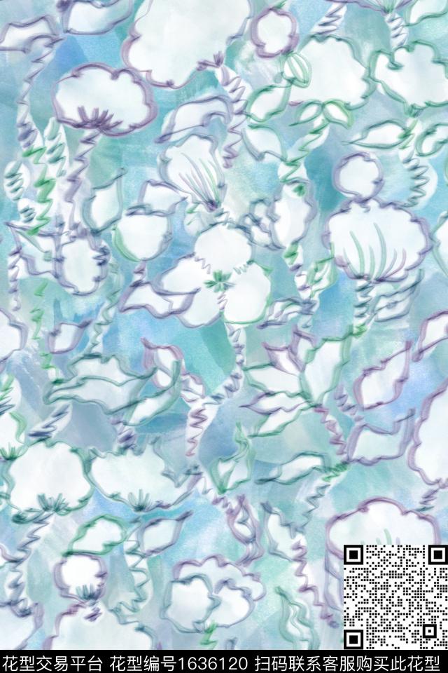 小清新清爽底花卉剪影数码印花花型下载（图片编号: 1636120） - 瓦栏（Walan）
