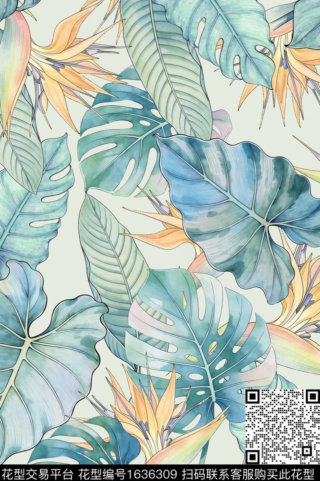 植物水彩龟背竹数码印花花型下载（图片编号: 1636309） - 瓦栏（Walan）