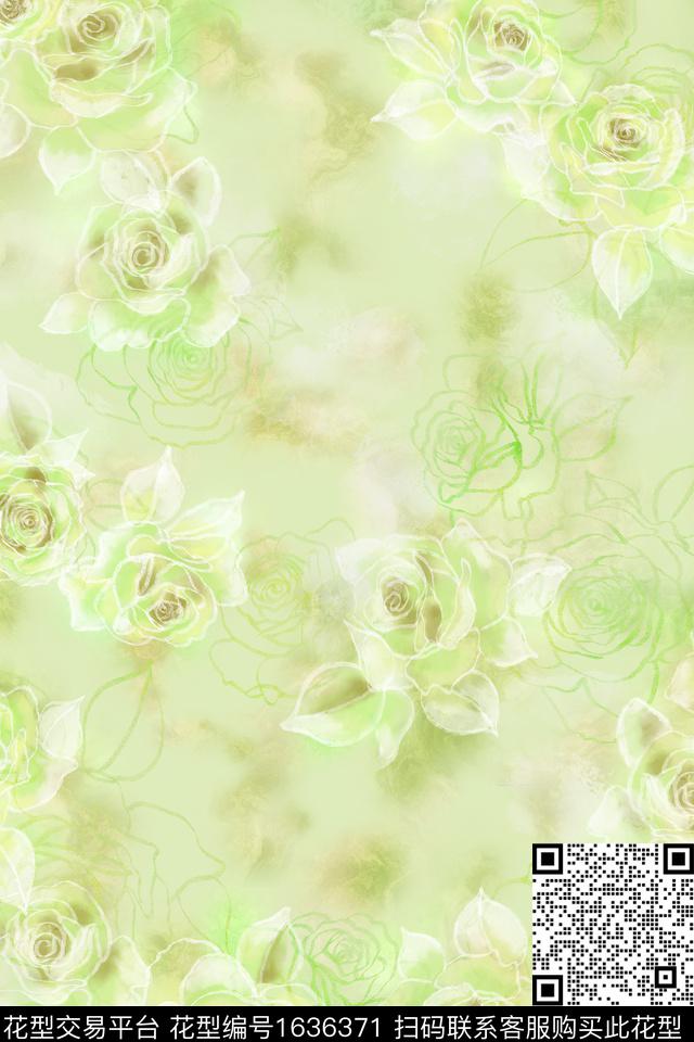 花卉抽象玫瑰花数码印花花型下载（图片编号: 1636371） - 瓦栏（Walan）
