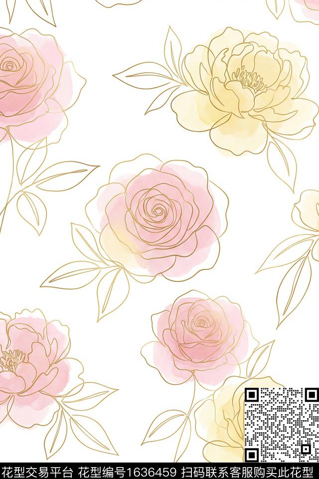 花卉大花线条花卉数码印花花型下载（图片编号: 1636459） - 瓦栏（Walan）