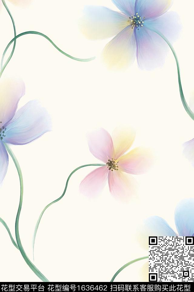 大花花卉水彩花卉数码印花花型下载（图片编号: 1636462） - 瓦栏（Walan）