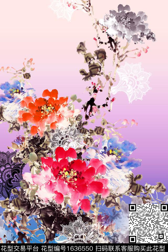中国风定位花花卉数码印花花型下载（图片编号: 1636550） - 瓦栏（Walan）