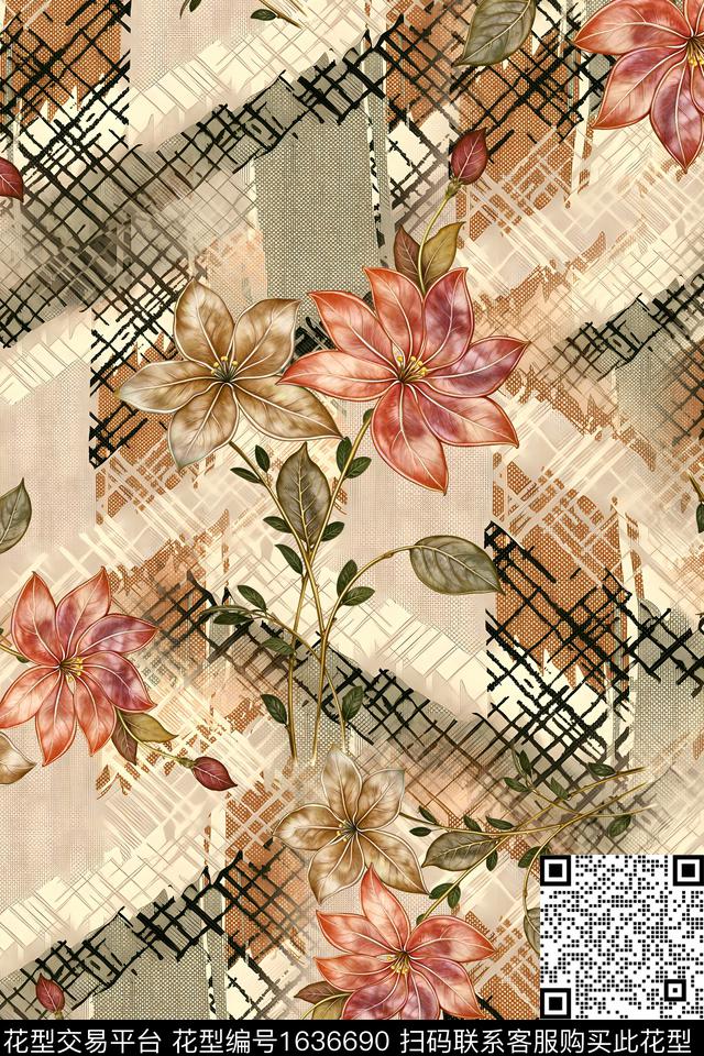 肌理迷彩几何花卉数码印花花型下载（图片编号: 1636690） - 瓦栏（Walan）