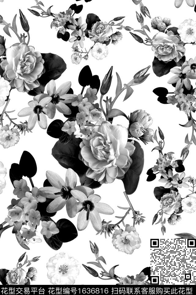 年轻女装花卉白底花卉数码印花花型下载（图片编号: 1636816） - 瓦栏（Walan）