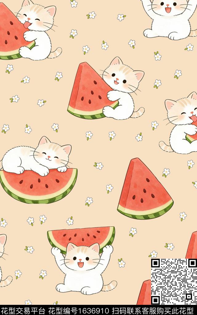 可爱西瓜猫数码印花花型下载（图片编号: 1636910） - 瓦栏（Walan）