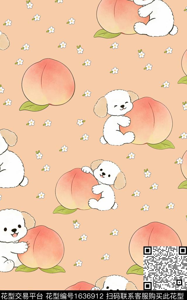 手绘狗桃子数码印花花型下载（图片编号: 1636912） - 瓦栏（Walan）