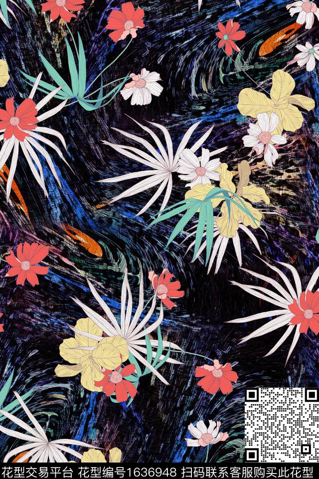 花卉绿植树叶抽象底纹数码印花花型下载（图片编号: 1636948） - 瓦栏（Walan）