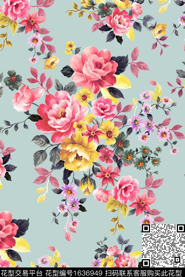 清爽底花卉花卉水彩花卉数码印花花型下载（图片编号: 1636949） - 瓦栏（Walan）