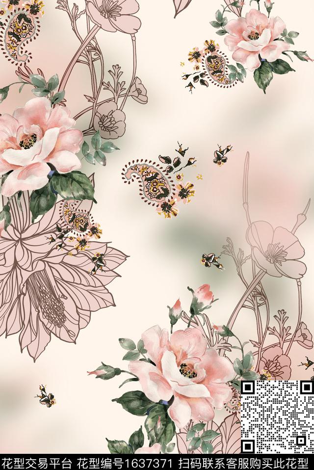佩斯利线条花卉花卉数码印花花型下载（图片编号: 1637371） - 瓦栏（Walan）
