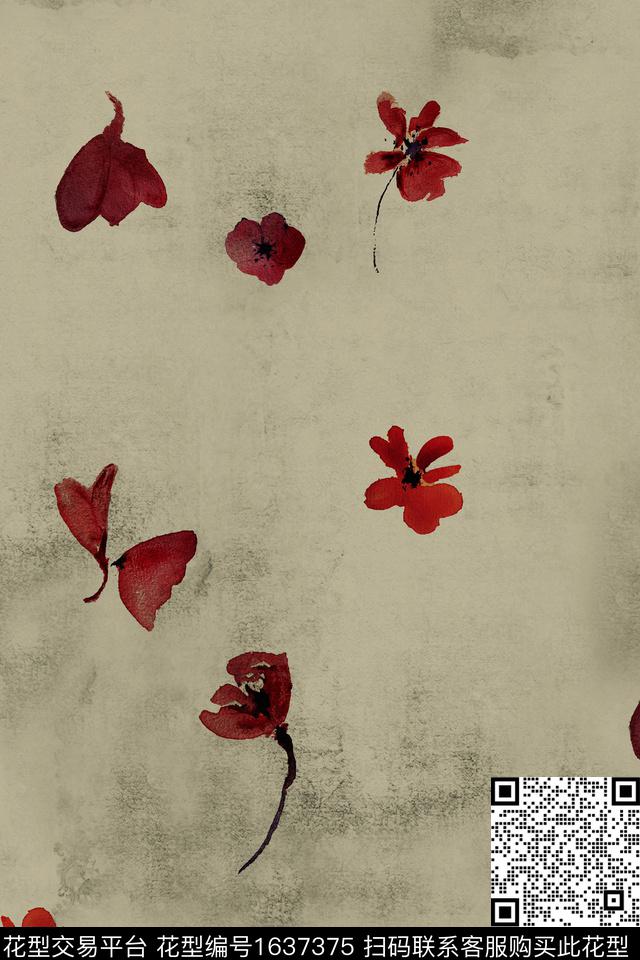 花卉抽象花卉复古数码印花花型下载（图片编号: 1637375） - 瓦栏（Walan）