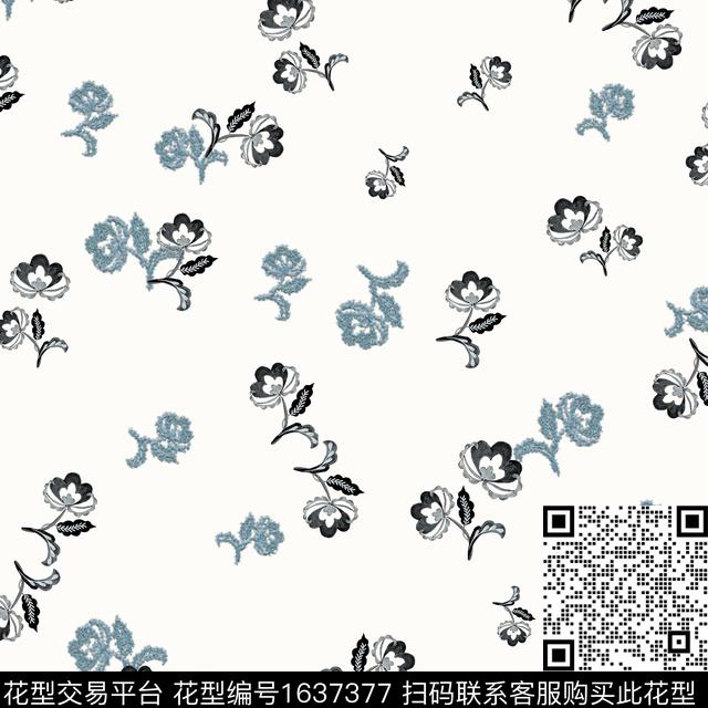 花卉小碎花黑白花型数码印花花型下载（图片编号: 1637377） - 瓦栏（Walan）