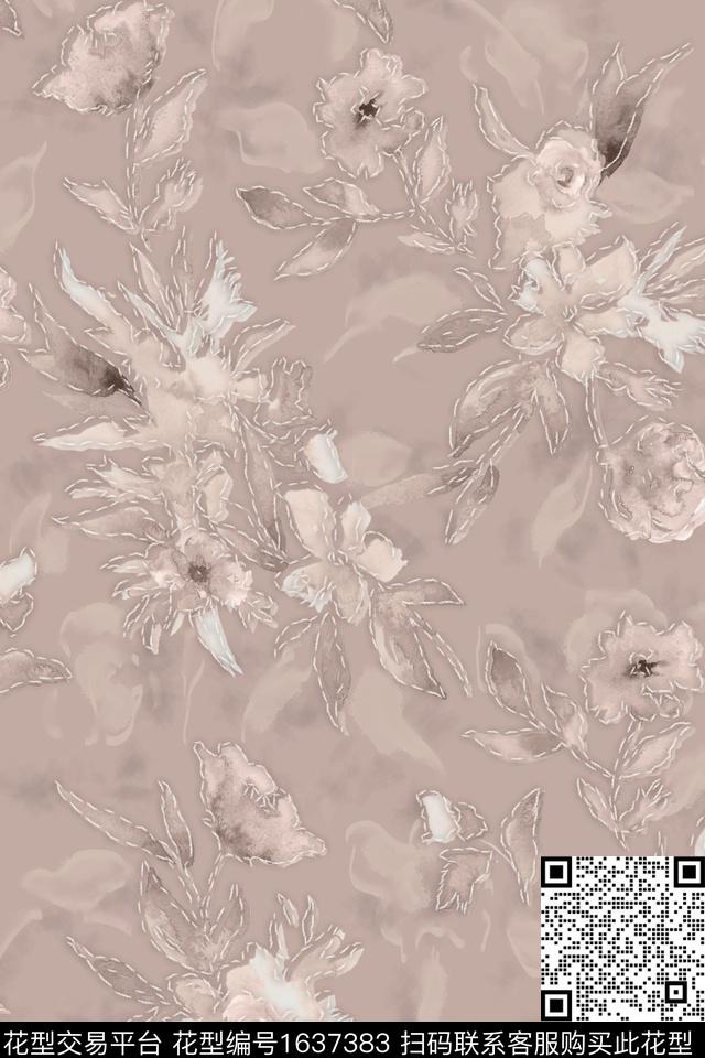 花卉水彩花卉抽象数码印花花型下载（图片编号: 1637383） - 瓦栏（Walan）