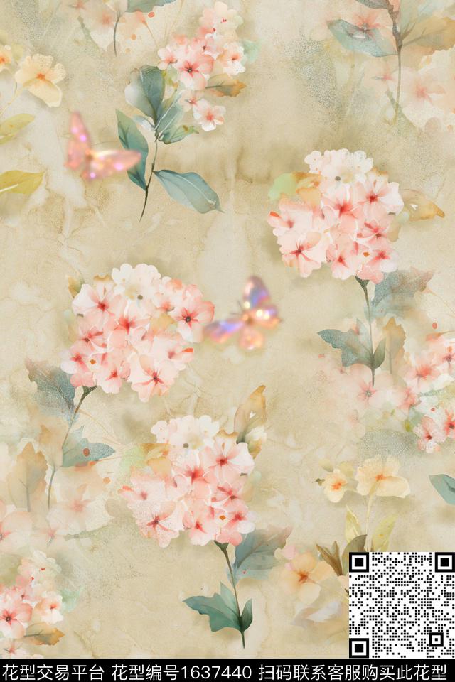 花卉蝴蝶抽象数码印花花型下载（图片编号: 1637440） - 瓦栏（Walan）