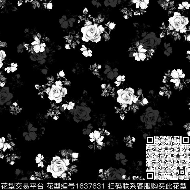 花卉小碎花黑白花型数码印花花型下载（图片编号: 1637631） - 瓦栏（Walan）