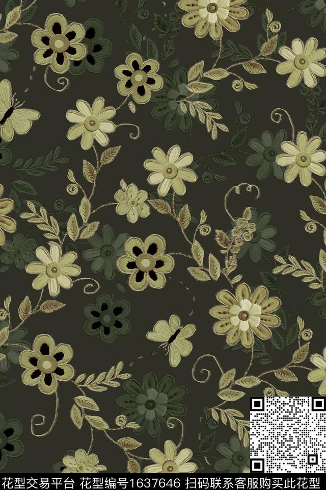 民族风花卉蝴蝶数码印花花型下载（图片编号: 1637646） - 瓦栏（Walan）