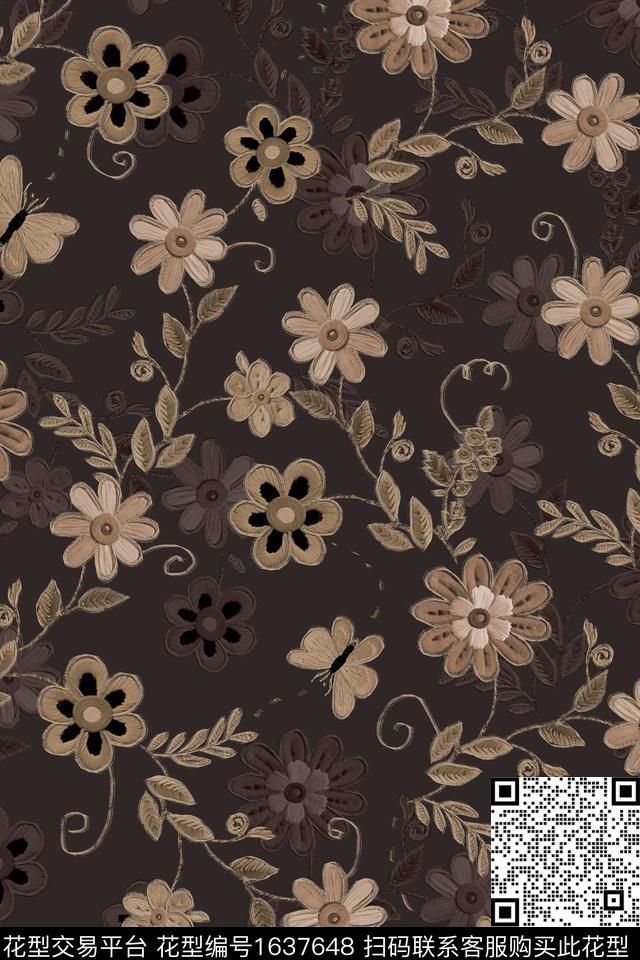 民族风花卉蝴蝶数码印花花型下载（图片编号: 1637648） - 瓦栏（Walan）