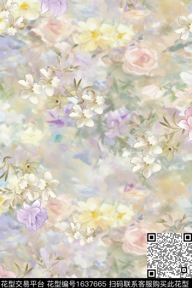 年轻女性花卉水彩数码印花花型下载（图片编号: 1637665） - 瓦栏（Walan）