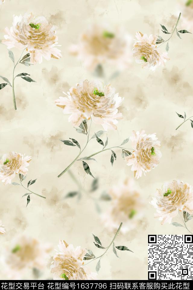 花卉水彩花卉朦胧花卉数码印花花型下载（图片编号: 1637796） - 瓦栏（Walan）