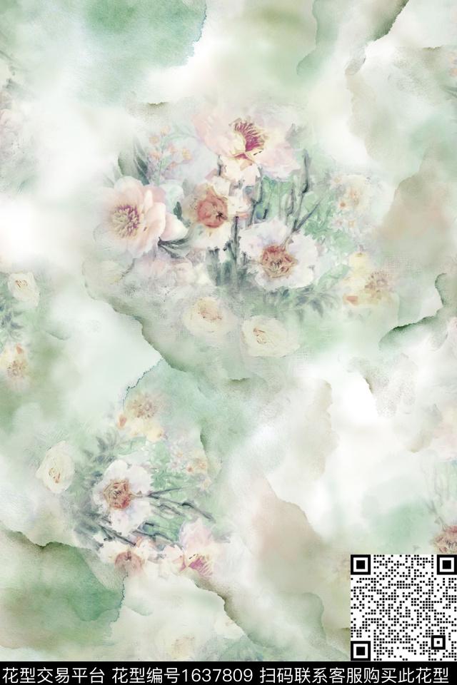 花卉水彩模糊花卉数码印花花型下载（图片编号: 1637809） - 瓦栏（Walan）