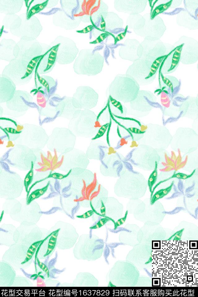 小清新清爽底花卉花卉数码印花花型下载（图片编号: 1637829） - 瓦栏（Walan）