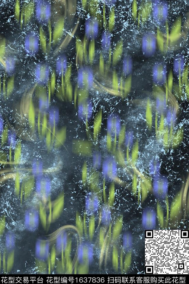 黑底花卉侘寂花卉数码印花花型下载（图片编号: 1637836） - 瓦栏（Walan）