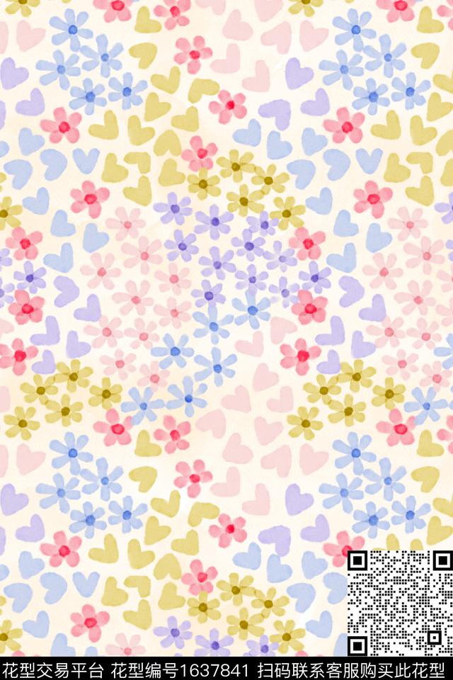 清爽底花卉可爱爱心数码印花花型下载（图片编号: 1637841） - 瓦栏（Walan）