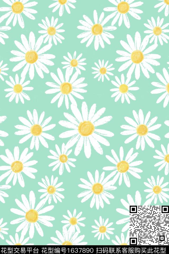 花卉雏菊清爽底花卉数码印花花型下载（图片编号: 1637890） - 瓦栏（Walan）