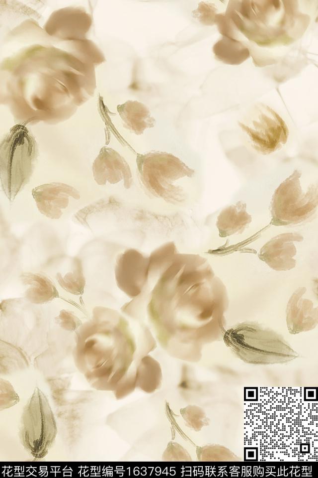 模糊花卉花卉水彩数码印花花型下载（图片编号: 1637945） - 瓦栏（Walan）