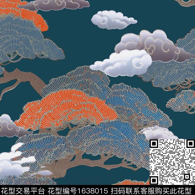 中国风祥云松树数码印花花型下载（图片编号: 1638015） - 瓦栏（Walan）