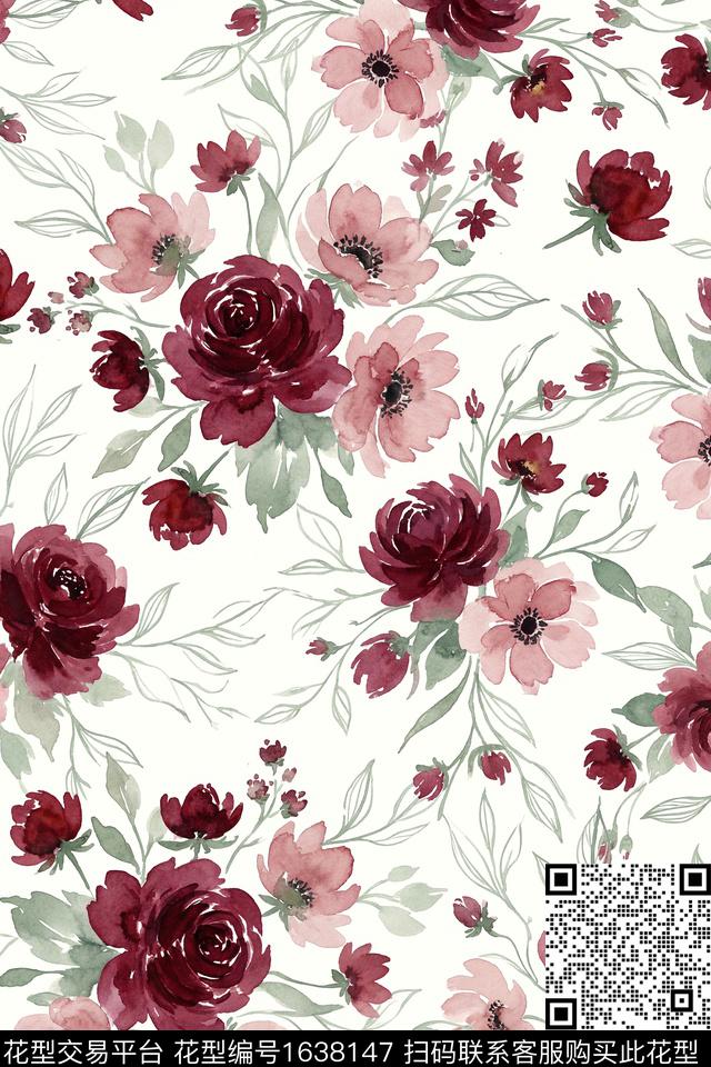 花卉水彩花卉跳接数码印花花型下载（图片编号: 1638147） - 瓦栏（Walan）