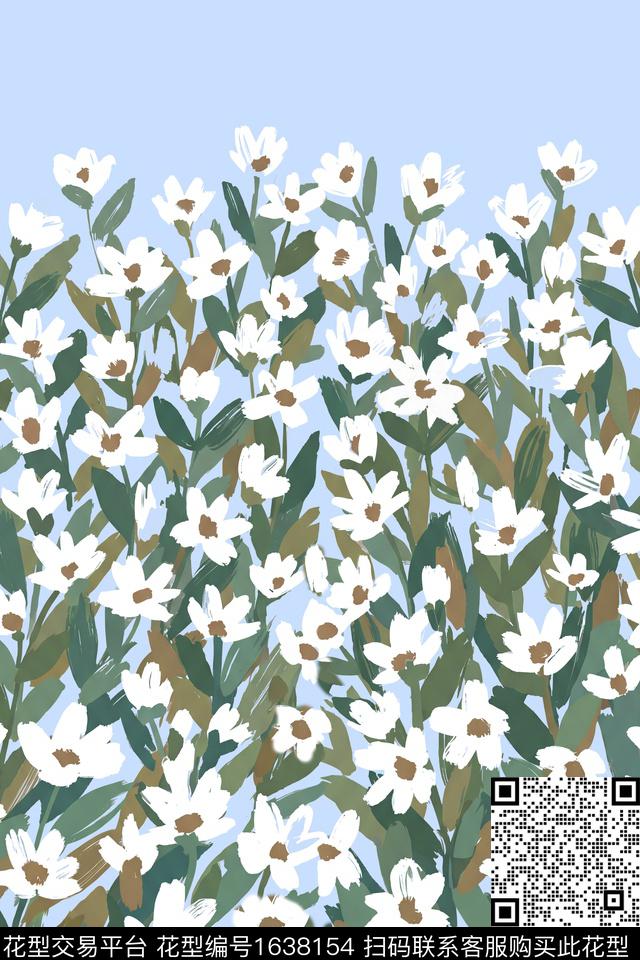 花卉笔触定位数码印花花型下载（图片编号: 1638154） - 瓦栏（Walan）