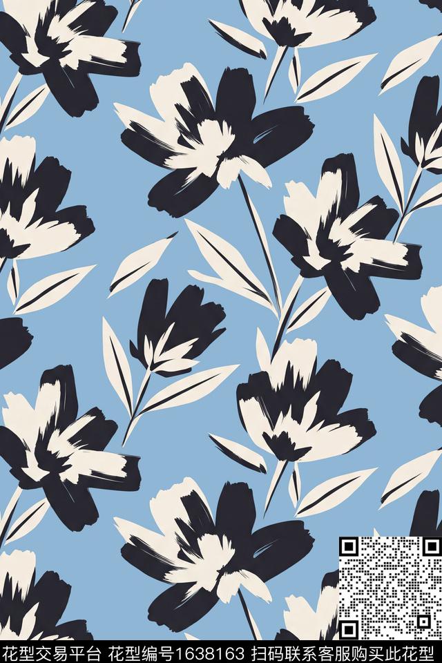 花卉笔触抽象花卉数码印花花型下载（图片编号: 1638163） - 瓦栏（Walan）