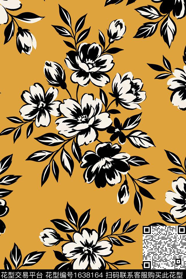 花卉黑白花卉传统印花花型下载（图片编号: 1638164） - 瓦栏（Walan）