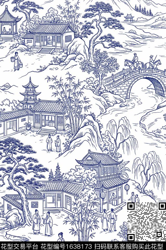 线条画中国风山水数码印花花型下载（图片编号: 1638173） - 瓦栏（Walan）