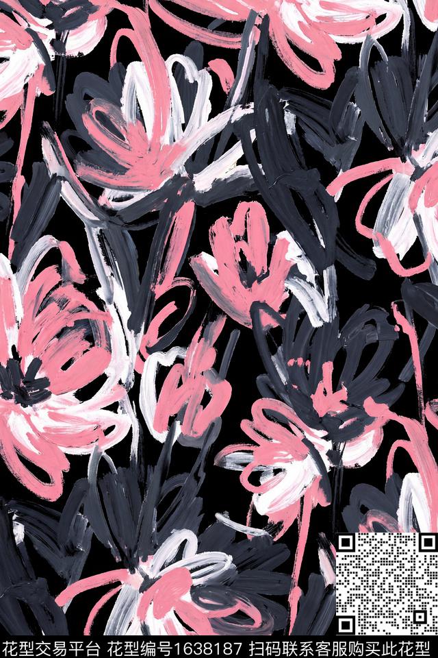 花卉抽象花卉笔触数码印花花型下载（图片编号: 1638187） - 瓦栏（Walan）