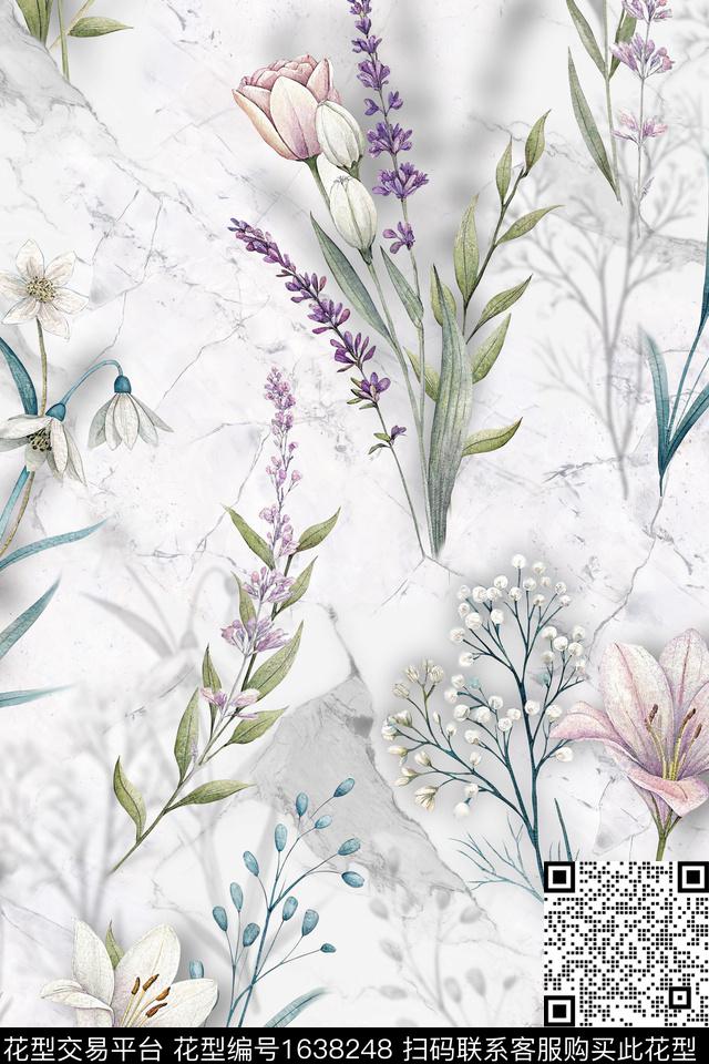 花卉草本植物岩石纹理数码印花花型下载（图片编号: 1638248） - 瓦栏（Walan）