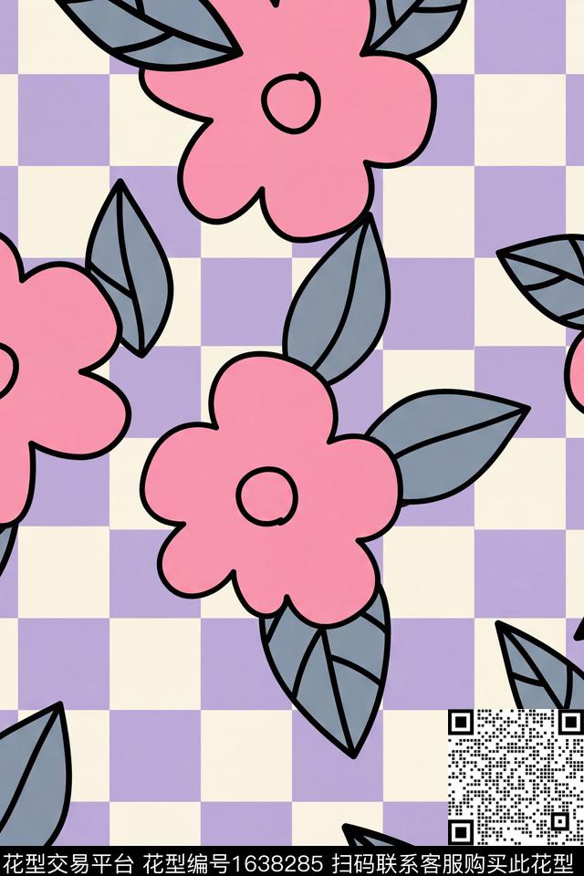 大花格子花卉传统印花花型下载（图片编号: 1638285） - 瓦栏（Walan）