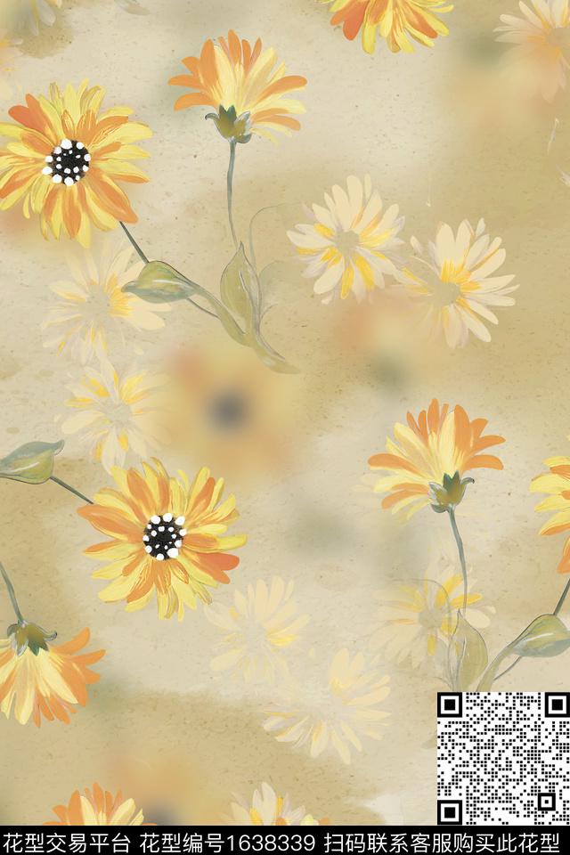 花卉油画花型跳接数码印花花型下载（图片编号: 1638339） - 瓦栏（Walan）