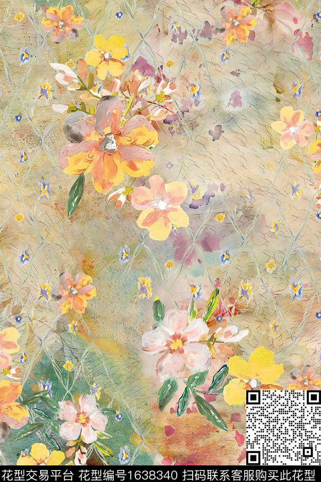 抽象花卉花卉水彩数码印花花型下载（图片编号: 1638340） - 瓦栏（Walan）
