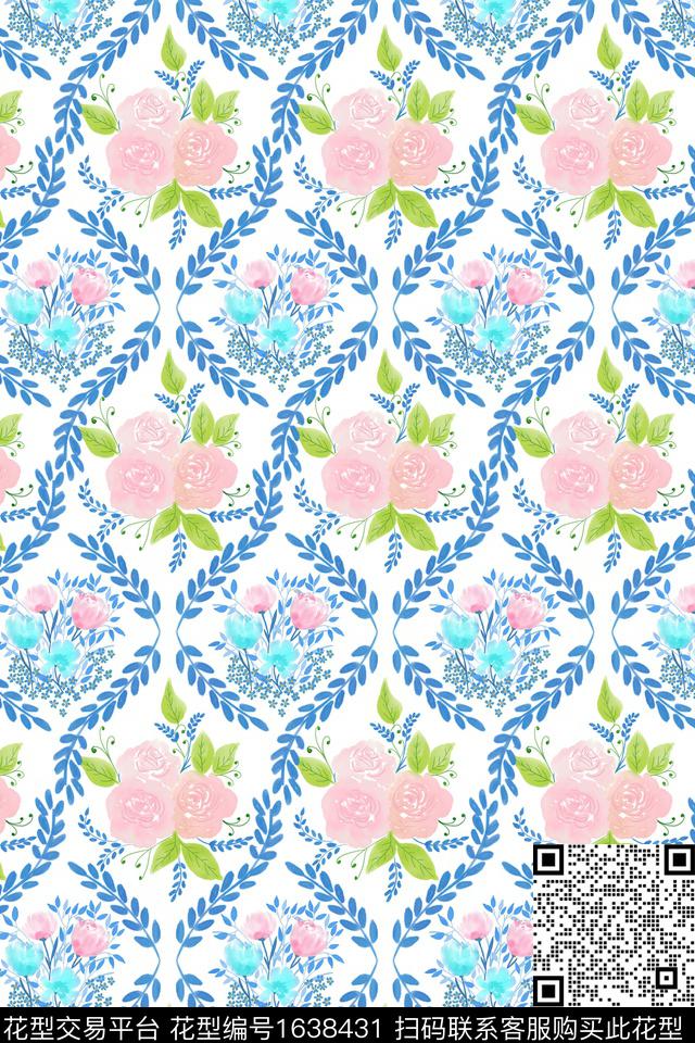 花卉格子抽象数码印花花型下载（图片编号: 1638431） - 瓦栏（Walan）