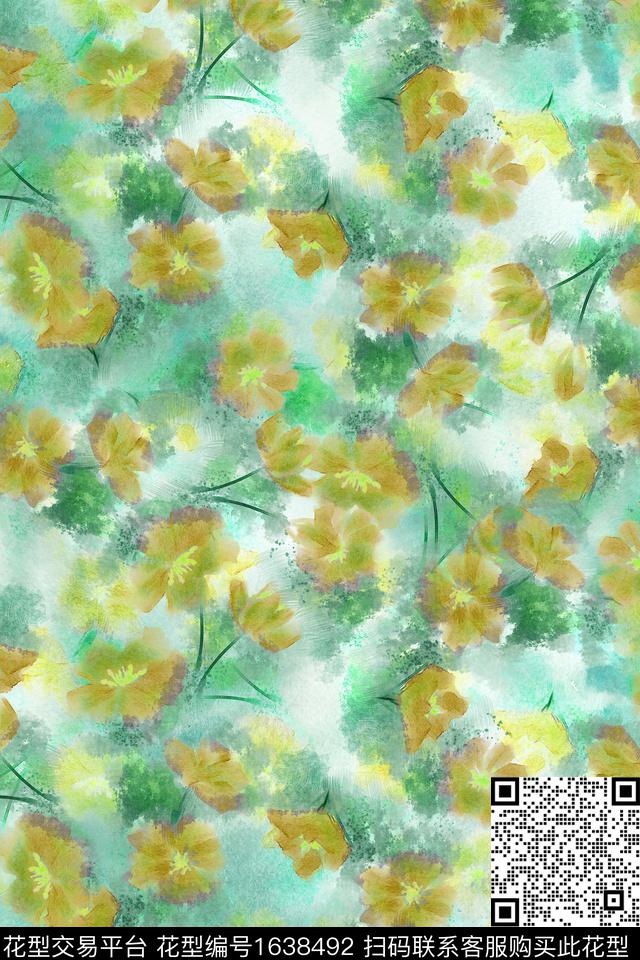 抽象花卉水彩数码印花花型下载（图片编号: 1638492） - 瓦栏（Walan）