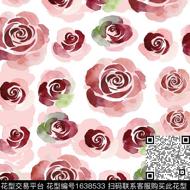 花卉水彩花卉玫瑰花数码印花花型下载（图片编号: 1638533） - 瓦栏（Walan）