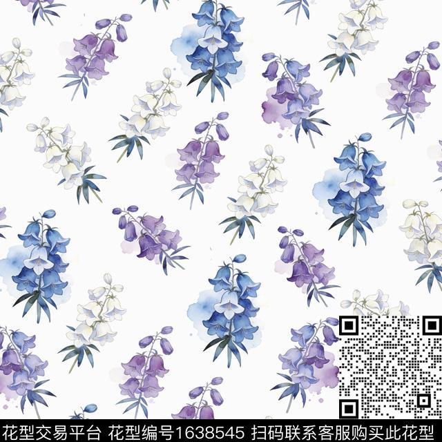 水彩花卉蓝白花卉小碎花数码印花花型下载（图片编号: 1638545） - 瓦栏（Walan）
