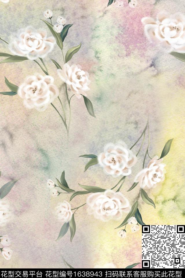 花卉水彩花卉跳接数码印花花型下载（图片编号: 1638943） - 瓦栏（Walan）