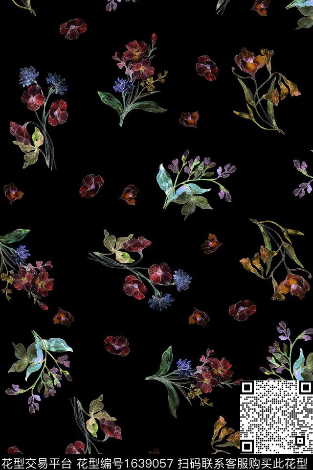 花卉黑底花卉水彩花卉数码印花花型下载（图片编号: 1639057） - 瓦栏（Walan）