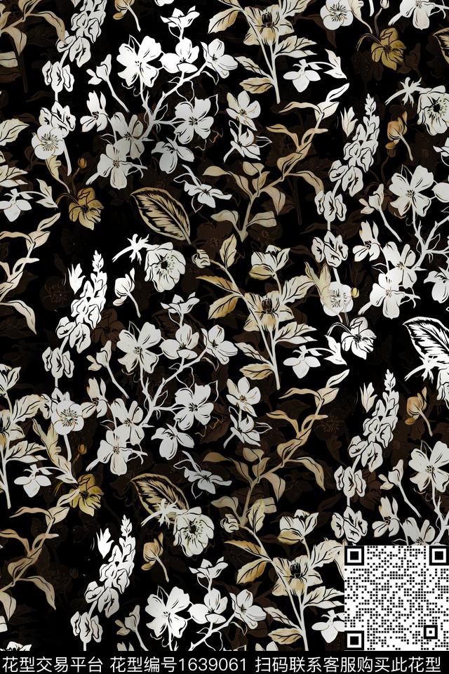 花卉黑底花卉抽象花卉数码印花花型下载（图片编号: 1639061） - 瓦栏（Walan）