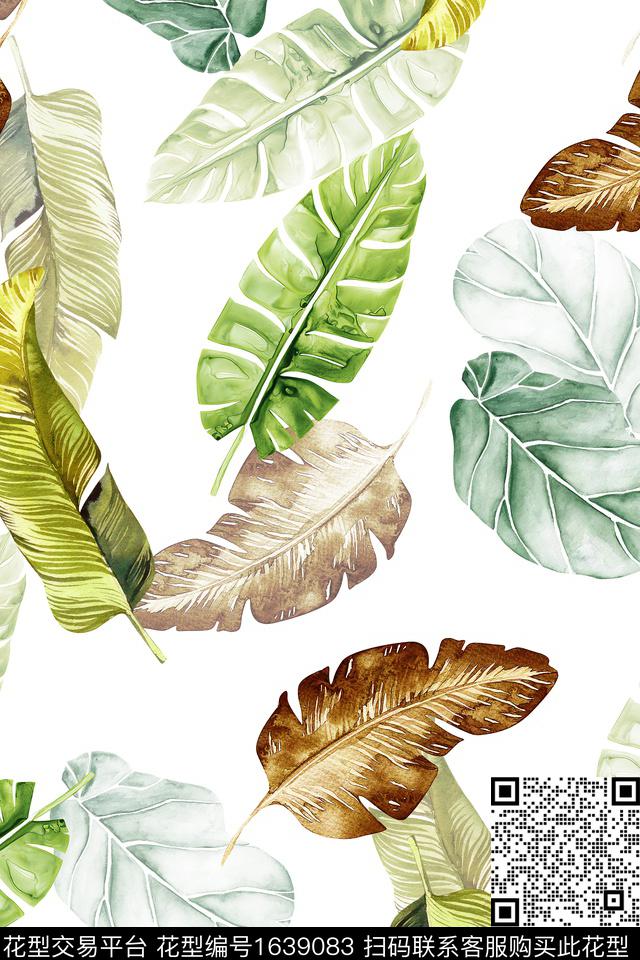 热带水彩绿植树叶数码印花花型下载（图片编号: 1639083） - 瓦栏（Walan）