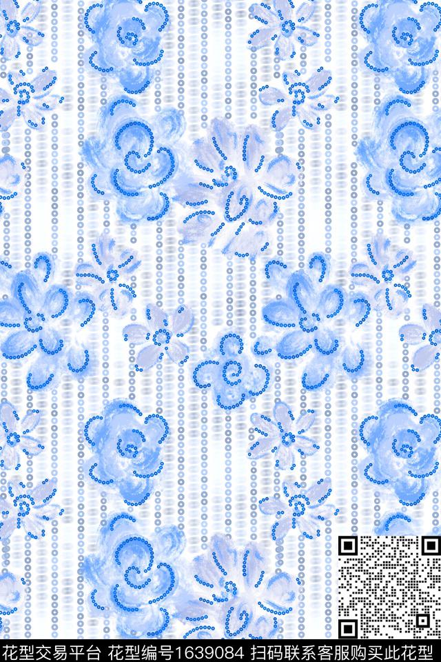 小清新蓝白花卉数码印花花型下载（图片编号: 1639084） - 瓦栏（Walan）